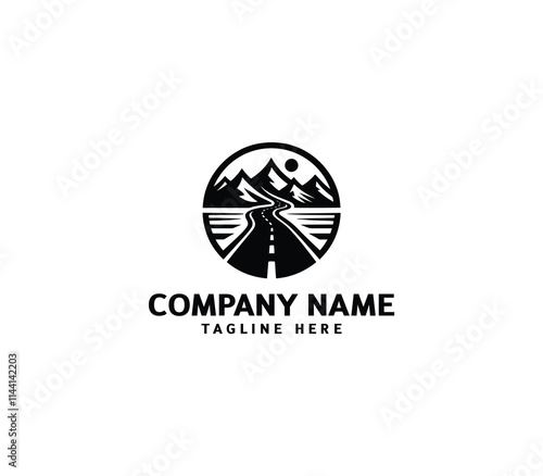Vector road logo design. Curving tarred road and highway. Outside tree, mountain, building, sun logo