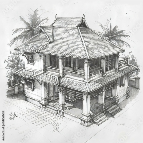 Traditional Keralastyle house sloping tiled roof separate kitchen corridor surrounded palm trees depicted monochrome pencil sketch photo