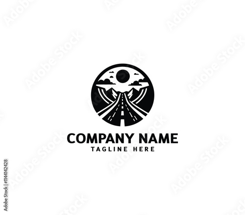 Vector road logo design. Curving tarred road and highway. Outside tree, mountain, building, sun logo