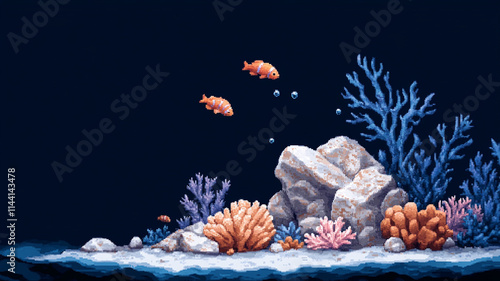 8-bit pixel art underwater scene, coral reefs, schools of fish swimming, vibrant sea creatures in simple pixel form.