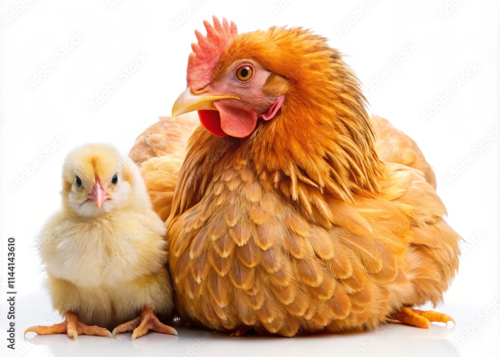 Fototapeta premium Close-Up Chicken and Chick Photos: Adorable Farm Animals on White Background
