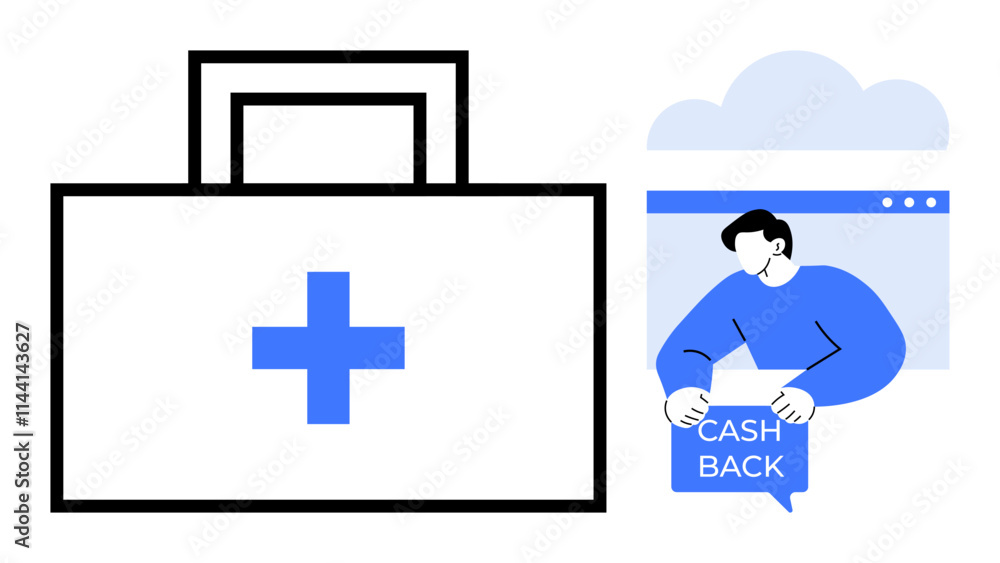 Large medical kit with a blue cross and person holding a cash back sign next to a cloud-shaped object. Ideal for healthcare, finance, security, digital storage, and online services. Minimalist modern Large medical kit with a blue cross and person holding a cash back sign next to a cloud-shaped object. Ideal for healthcare, finance, security, digital storage, and online services. Minimalist modern