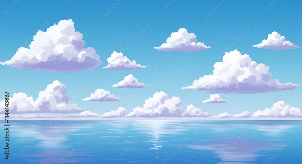 Fototapeta premium Serene Ocean Horizon with Fluffy White Clouds