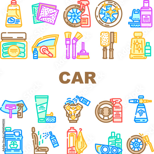 car care polish detailing wash icons set vector. wax, vacuum tires, engine maintenance, cleaning interior, exterior, shine car care polish detailing wash color line illustrations