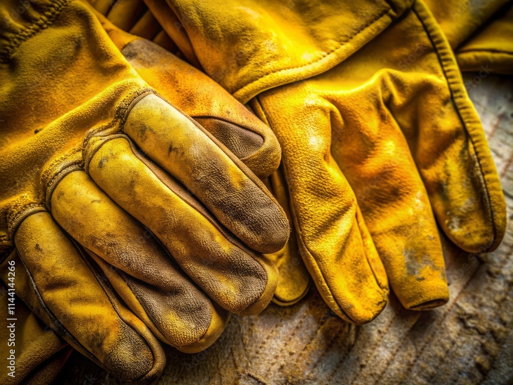 Obraz premium Close-Up Hand Yellow Gloves Photography: Detailed Textures & Wrinkles