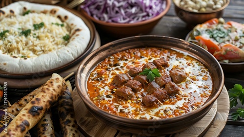 Vibrant spread Middle Eastern cuisine featuring hearty stew surrounded fluffy rice roasted vegetables flatbread fresh salad rustic wooden background