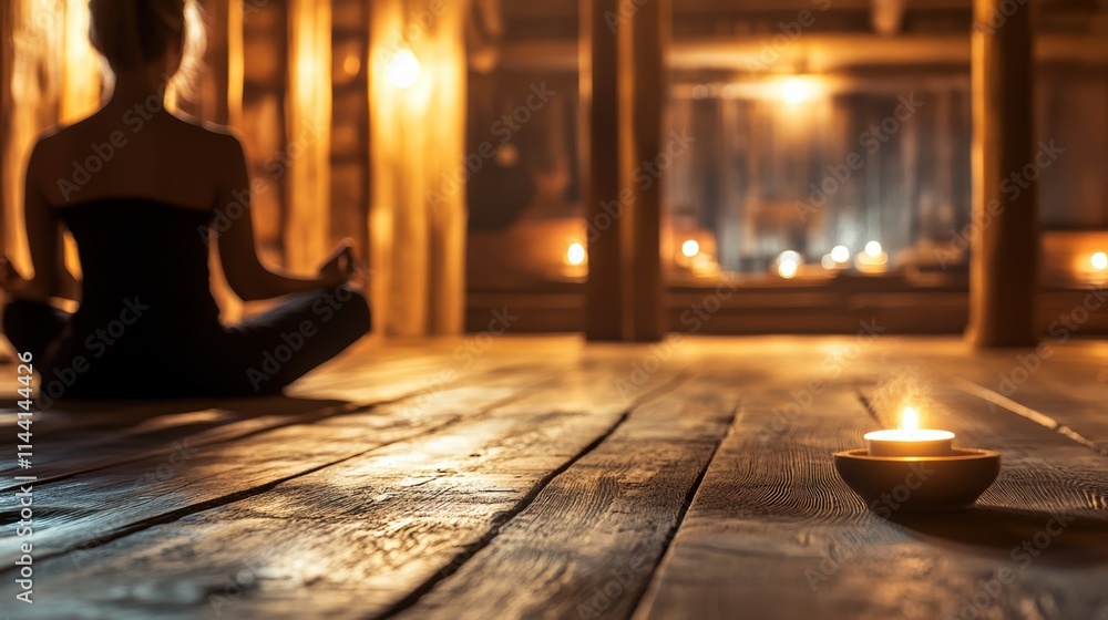 Woman meditating in rustic cabin with candlelight and wooden textures Woman meditating in rustic cabin with candlelight and wooden textures