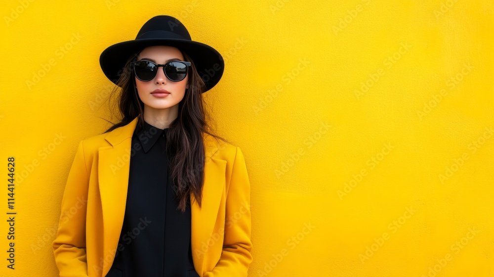 Stylish woman in hat and sunglasses poses against colorful wall, fashion and lifestyle blogger Stylish woman in hat and sunglasses poses against colorful wall, fashion and lifestyle blogger