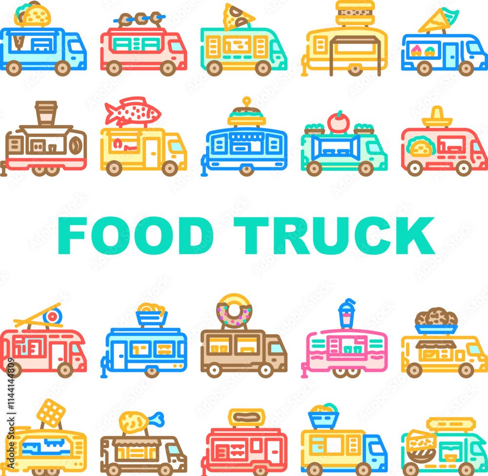 food truck street mobile cuisine icons set vector. gourmet vendor, festival tacos, burgers fusion, bbq, pizza, vegan food truck street mobile cuisine color line illustrations