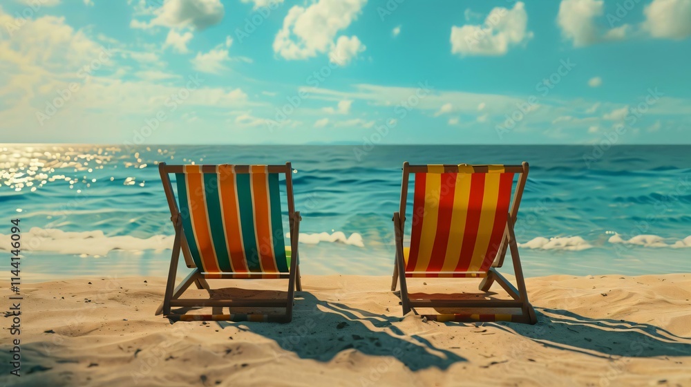 Two vibrant beach chairs sit side side sandy beach facing horizon where ocean meets sky serene sunny day Two vibrant beach chairs sit side side sandy beach facing horizon where ocean meets sky serene sunny day
