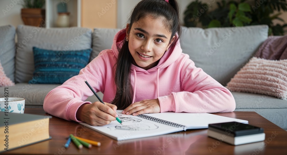 Naklejka premium Hispanic teenage girl sketching on coffee table wearing pink hoodie