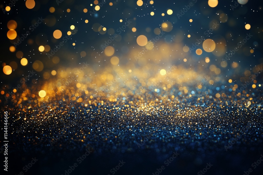 Obraz premium Abstract falling particles golden glitter lights texture on a dark blue background with lighting