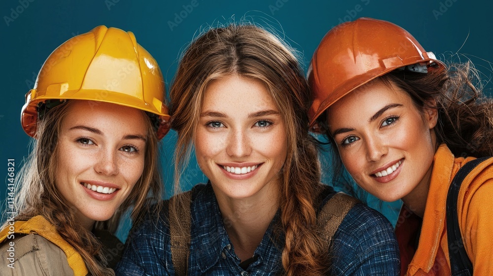 Three smiling female construction workers in hard hats. Three smiling female construction workers in hard hats.