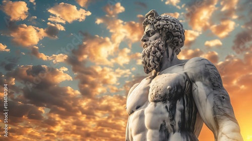 Majestic muscular male statue stands tall against vibrant sunset sky exuding strength power serene tranquil setting