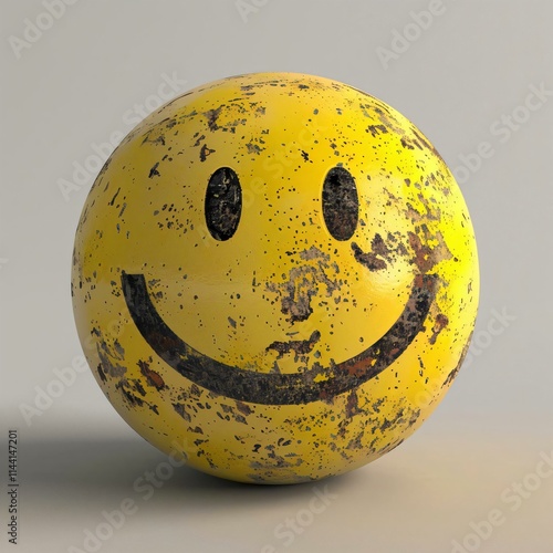 Yellow concrete ball happy face set against grey background casts shadow above