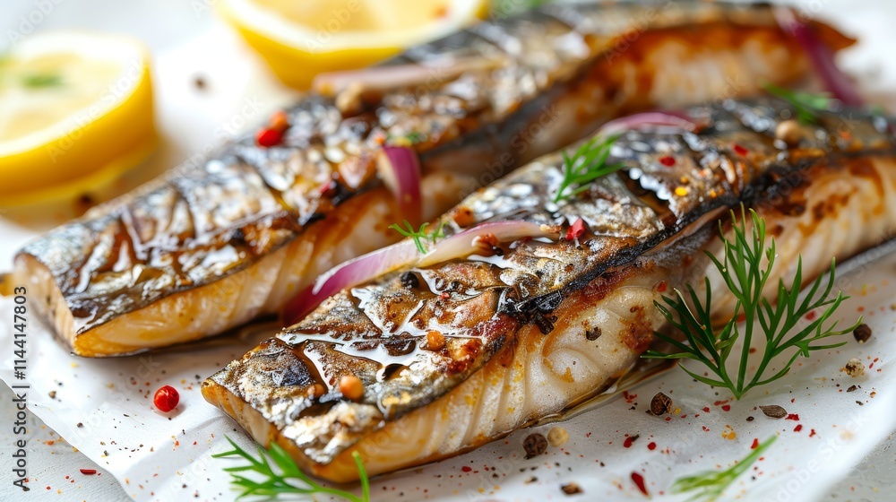 Grilled mackerel fillets with lemon and herbs. Grilled mackerel fillets with lemon and herbs.