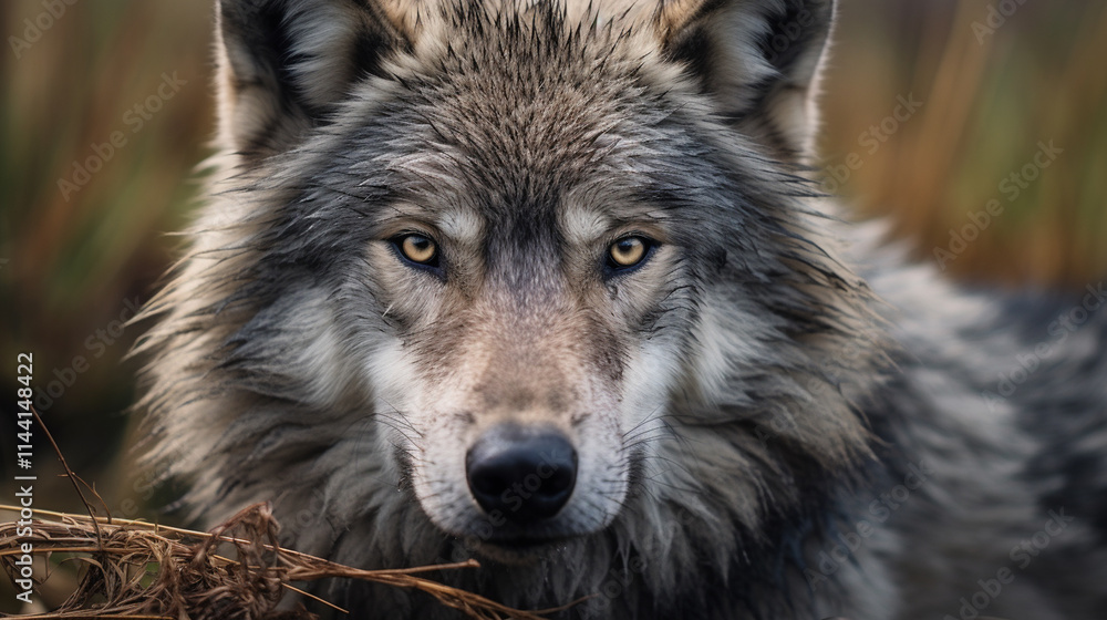 Close-up portrait of a wolf with yellow eyes in the forest   Generate Ai