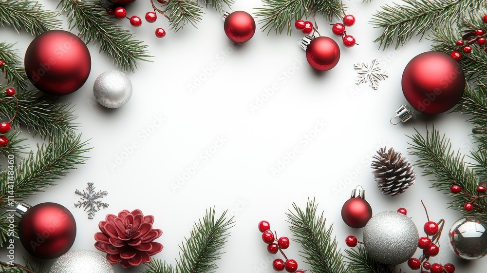 Festive Christmas Border with Red and Silver Ornaments, Pine Branches, and Berries on White Festive Christmas Border with Red and Silver Ornaments, Pine Branches, and Berries on White