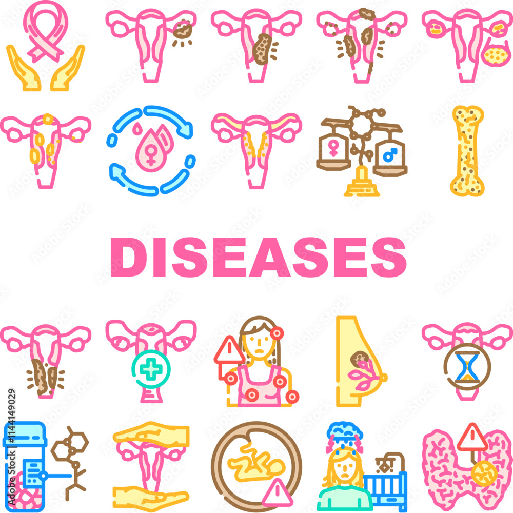 women diseases endometriosis pcos icons set vector. menopause, osteoporosis fibroids, breast cervical, ovarian, uterine infertility, pms women diseases endometriosis pcos color line illustrations women diseases endometriosis pcos icons set vector. menopause, osteoporosis fibroids, breast cervical, ovarian, uterine infertility, pms women diseases endometriosis pcos color line illustrations