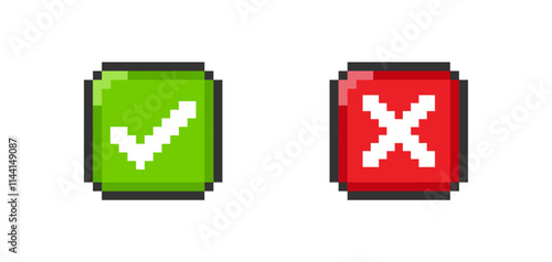 Pixel check mark and cross mark. 8-bit game icon. Vector isolated