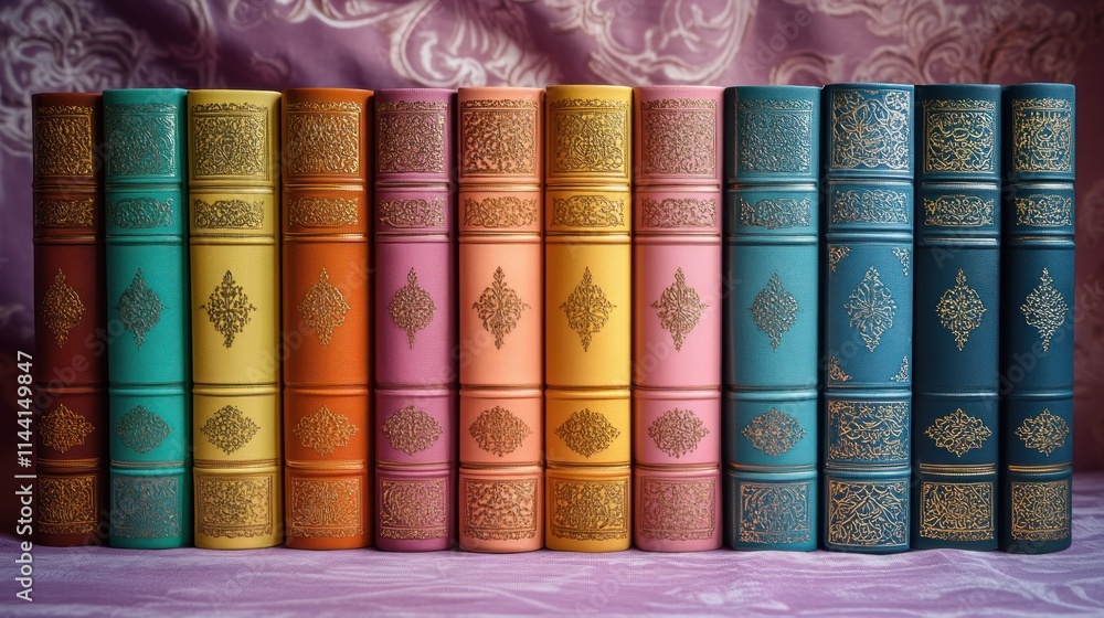 Row of colorful antique books lined up on a purple cloth background. Row of colorful antique books lined up on a purple cloth background.