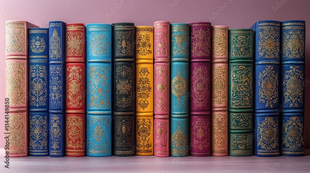 Row of colorful antique books lined up on a pastel pink surface. Ornate leather-bound volumes with decorative patterns and gold accents. Row of colorful antique books lined up on a pastel pink surface. Ornate leather-bound volumes with decorative patterns and gold accents.
