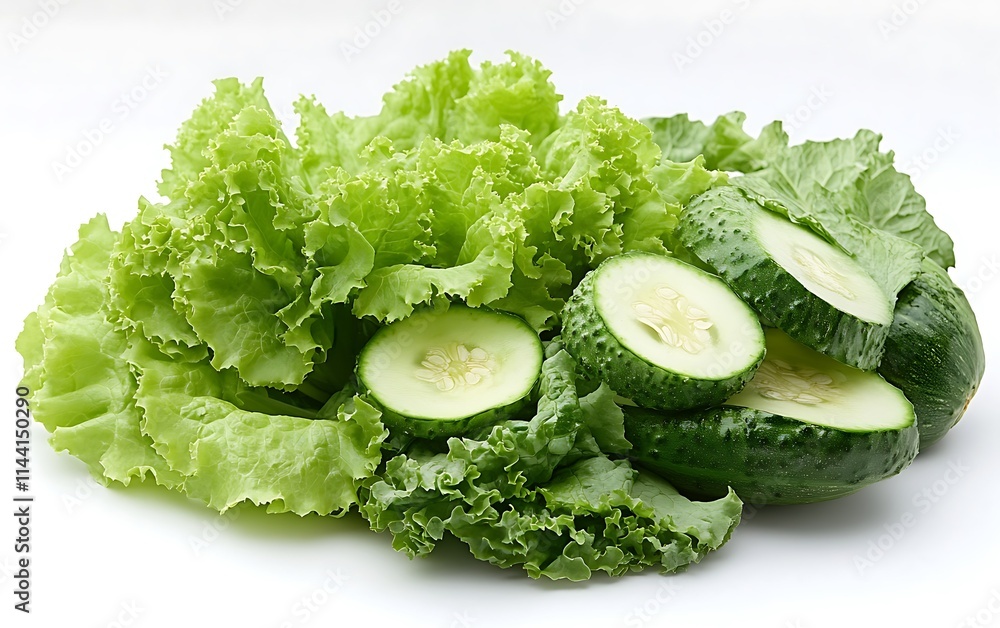 Fresh green lettuce and sliced cucumbers on white background. Fresh green lettuce and sliced cucumbers on white background.