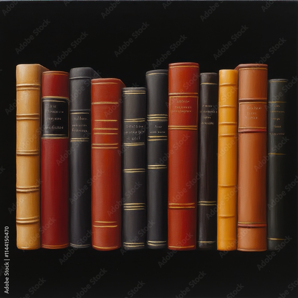 Row of antique books with leather bindings on a dark background. Row of antique books with leather bindings on a dark background.