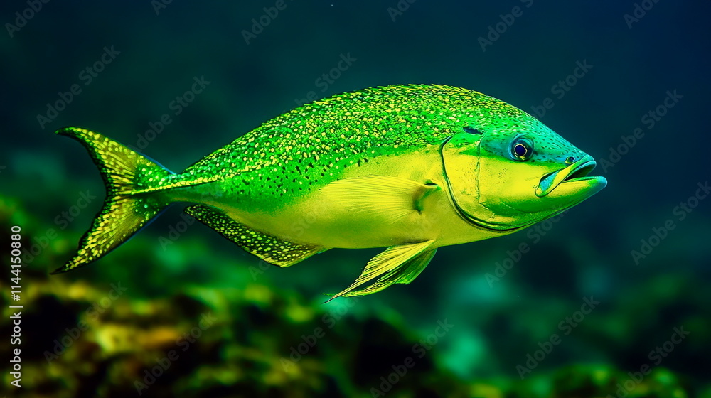 A vibrant mahi-mahi fish with its bold neon green and yellow tones, stylized beautifully A vibrant mahi-mahi fish with its bold neon green and yellow tones, stylized beautifully