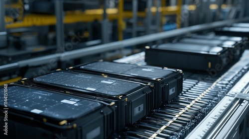 Automated assembly line with black storage cases.