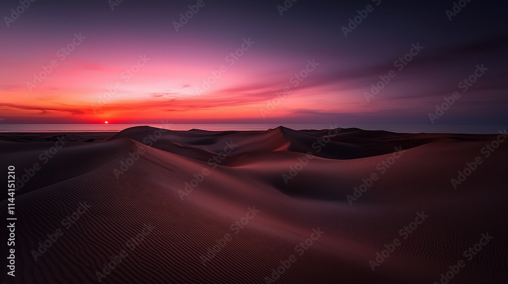 Vibrant sunset over desert dunes meeting ocean. Vibrant sunset over desert dunes meeting ocean.