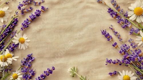 An artistic flat lay of lavender flowers, dried chamomile, and rosemary sprigs on a linen cloth