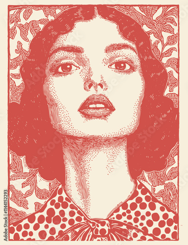 Brunette woman in a retro dress, against a background of a floral pattern. Engraving style, vector illustration. 