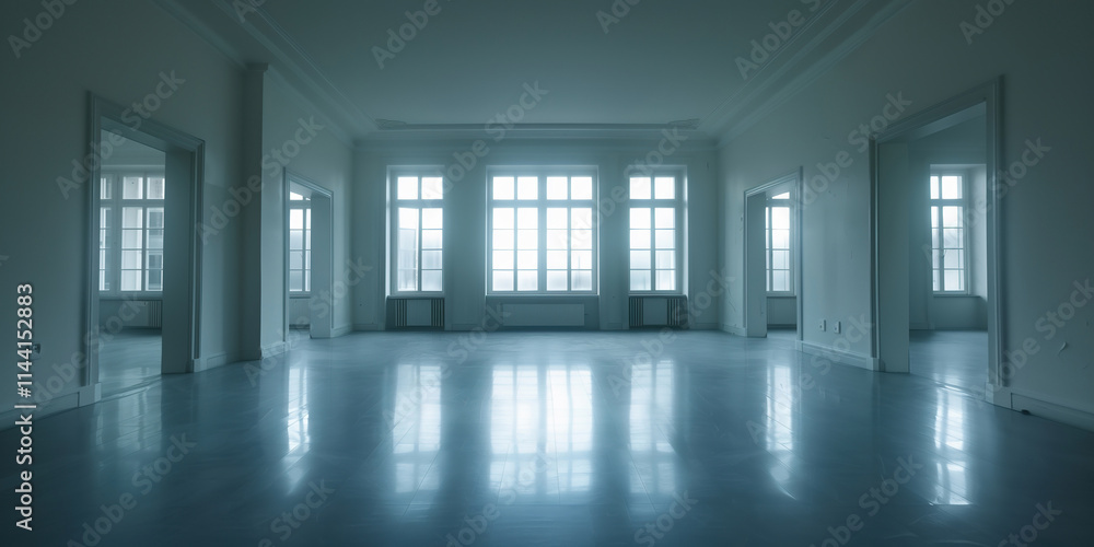 Bright and spacious room ready for cleaning with large windows letting in natural light Bright and spacious room ready for cleaning with large windows letting in natural light