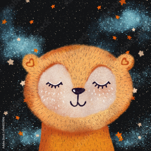 cute cartoon bear sleeping on the moon. hand drawn illustration.