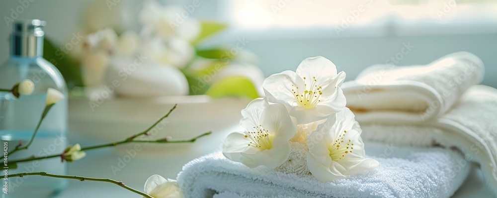 Spa Relaxation: White Flowers and Towels Spa Relaxation: White Flowers and Towels