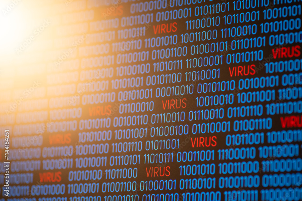 Computer screen with binary code and many viruses hiding inside it. Malware with virus dangerous for operating system, data and personal information Computer screen with binary code and many viruses hiding inside it. Malware with virus dangerous for operating system, data and personal information