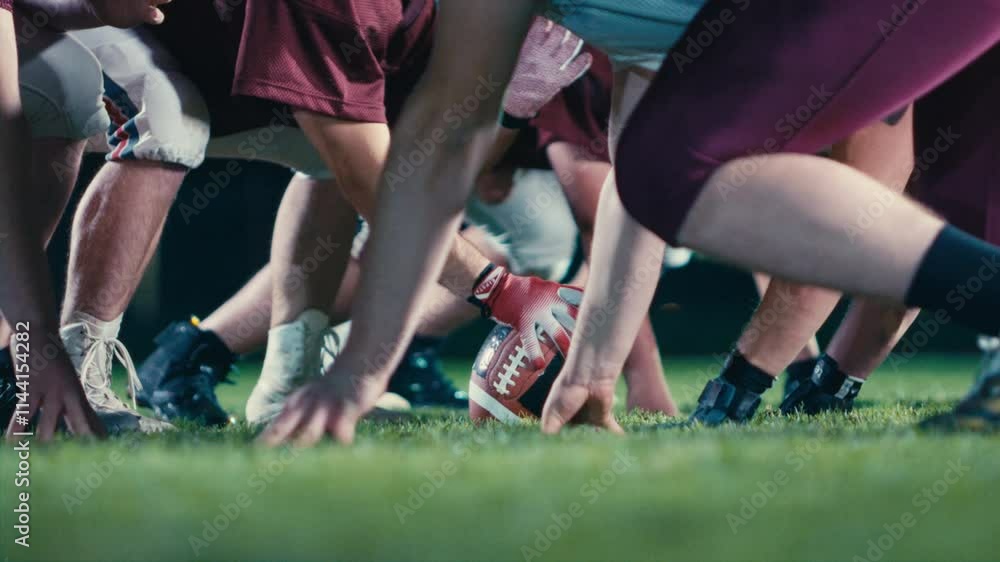 American Football Championship Start Teams Ready: Professional Players, Aggressive Face-off, Start Pushing, Tackling. Competition Full of Brutal Energy, Skill. Cinematic Slow Motion. Dramatic Sport American Football Championship Start Teams Ready: Professional Players, Aggressive Face-off, Start Pushing, Tackling. Competition Full of Brutal Energy, Skill. Cinematic Slow Motion. Dramatic Sport