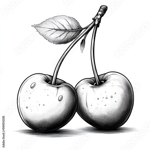 Wallpaper Mural Two cherries with a leaf and stem, rendered in grayscale. Torontodigital.ca