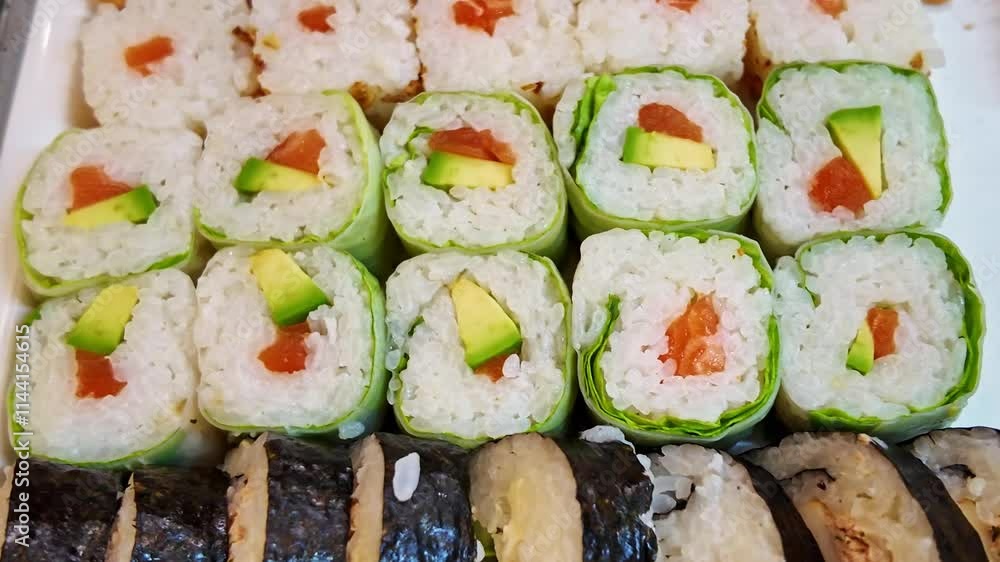 Close-up view of some delicious sushi rolls on a restaurant plate, France. Close-up view of some delicious sushi rolls on a restaurant plate, France.