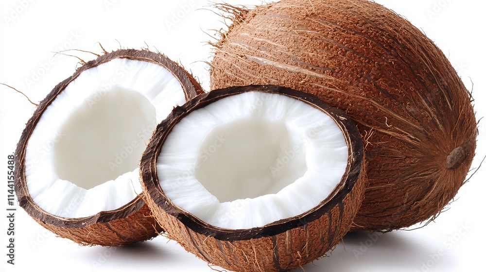 Coconut: A whole coconut with a rough brown shell, showing some of the hairy outer texture, isolated against a white background. Coconut: A whole coconut with a rough brown shell, showing some of the hairy outer texture, isolated against a white background.