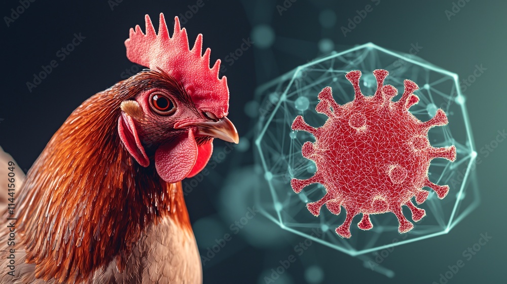 Poultry safety concept. A chicken is shown alongside a digital representation of a virus, highlighting the interaction between animals and pathogens.