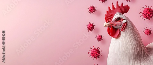 Poultry safety concept. A chicken surrounded by colorful virus illustrations against a pink background, symbolizing health and safety themes. photo