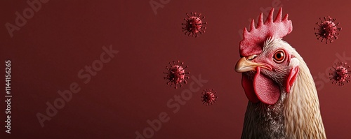 Poultry safety concept. A chicken with exaggerated features surrounded by virus-like shapes on a deep red background, symbolizing health risks or disease. photo