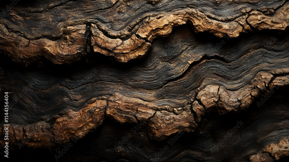 Detailed Close Up of Weathered Tree Bark with Labyrinthine Lines on Dark Background Detailed Close Up of Weathered Tree Bark with Labyrinthine Lines on Dark Background
