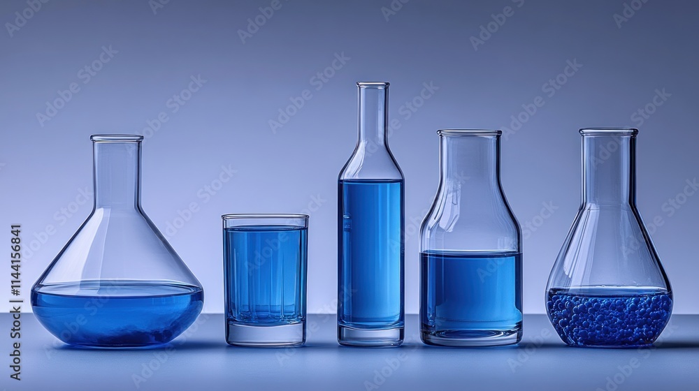 Blue liquid in various lab glassware on blue background. Blue liquid in various lab glassware on blue background.