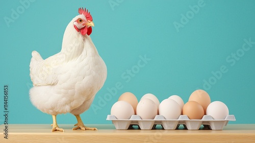 Poultry safety concept. A chicken stands beside a tray of eggs against a vibrant blue background, showcasing the farm-fresh connection between poultry and eggs. photo