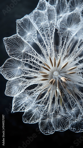 Close Up of Dandelion Seed Head Displaying Translucent Filaments on Dark Background