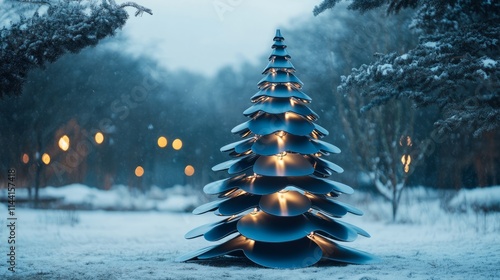 Wallpaper Mural Modern industrial Christmas tree of layered blue steel plates, glowing with lights, snow-covered winter scene Torontodigital.ca