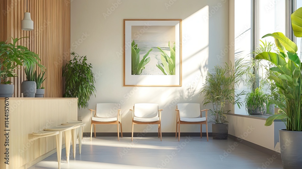 Modern minimalist waiting room with wooden accents, plants, and sunlight streaming through a large window. Modern minimalist waiting room with wooden accents, plants, and sunlight streaming through a large window.